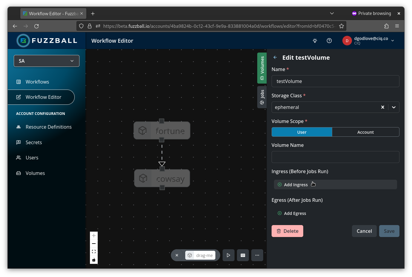 menu for adding a new ingress to the existing volume