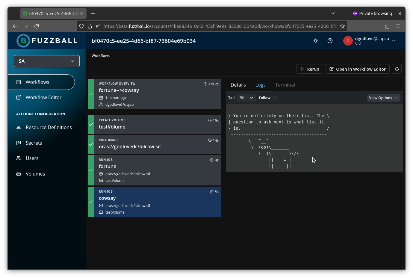 finished workflow showing logs from cowsay