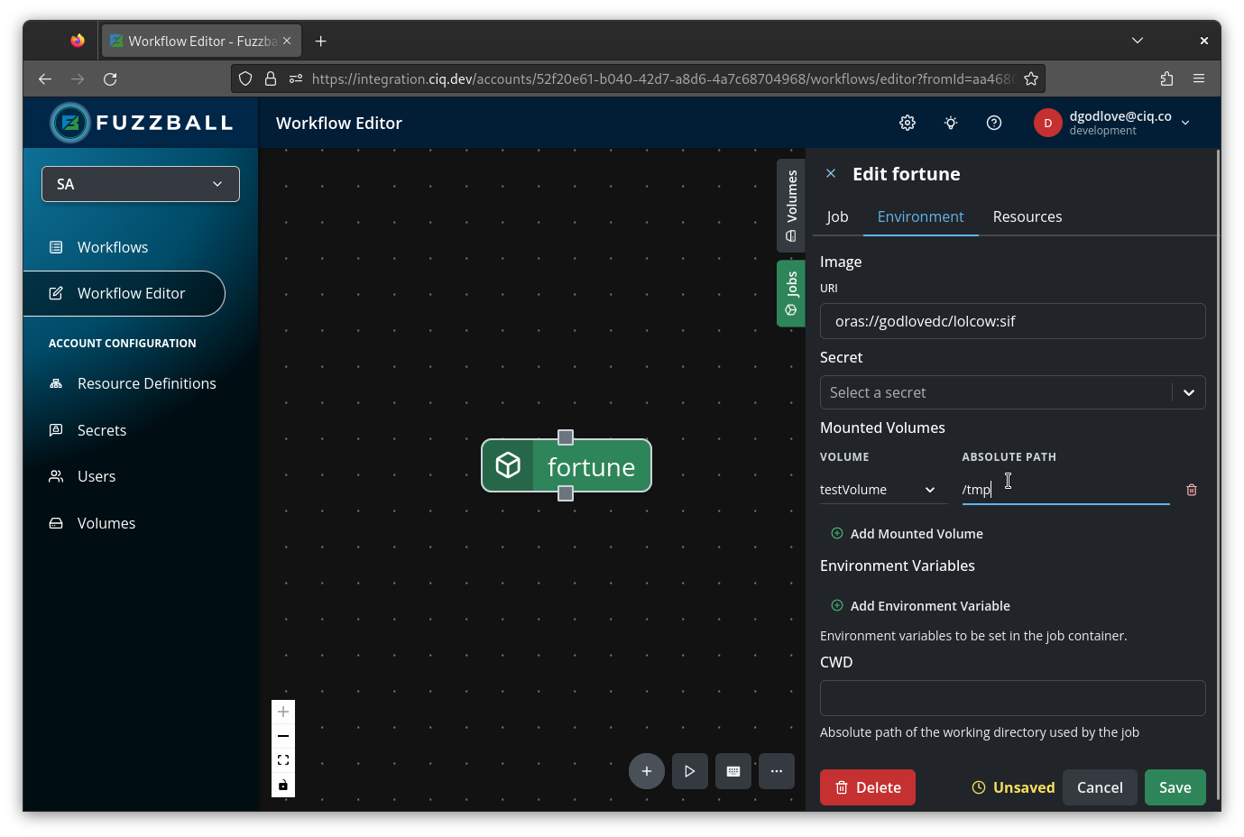 job configuration showing how to mount an ephemeral volume