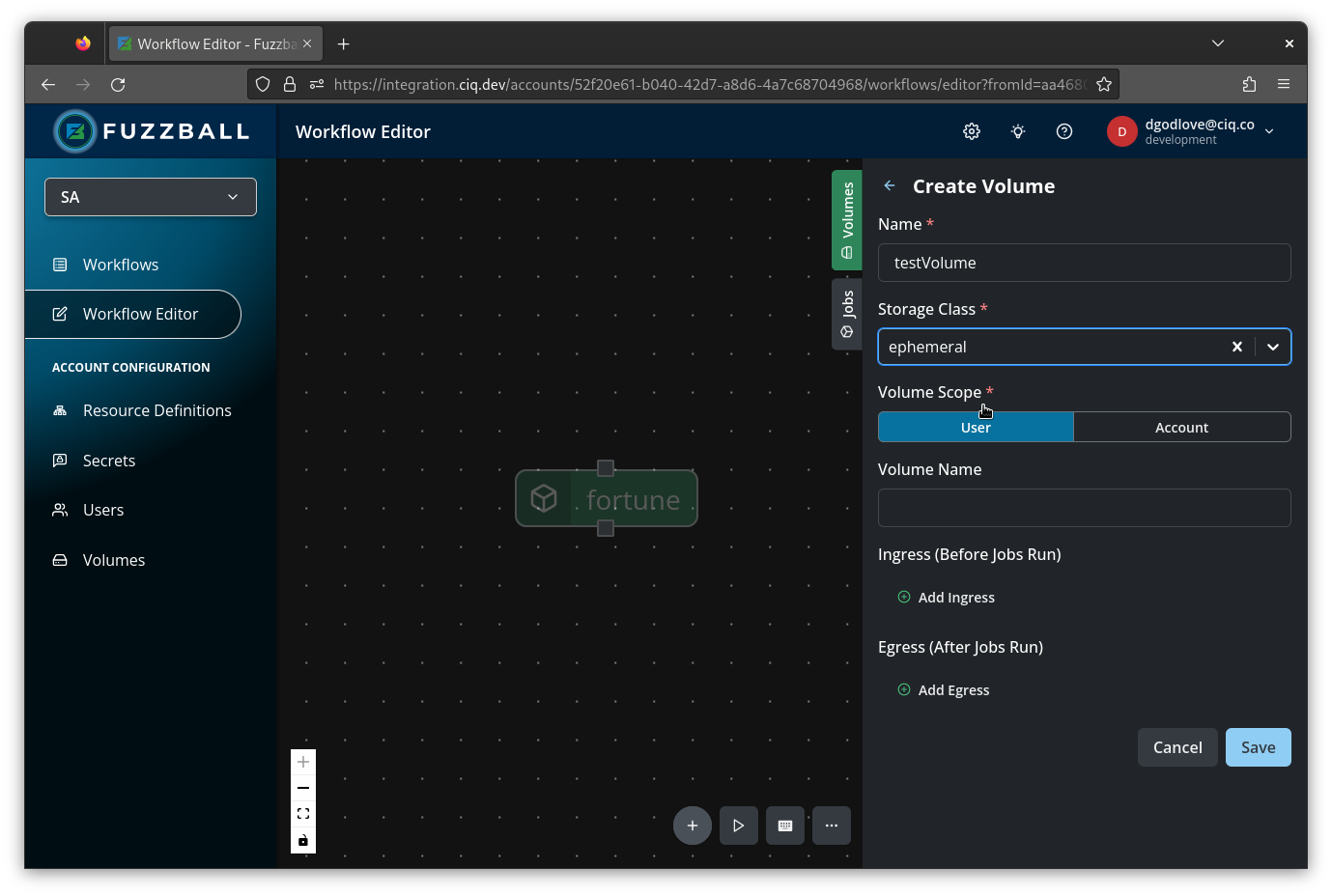 volume configuration for fortune and cowsay workflow