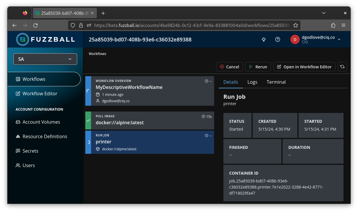 Fuzzball dashboard showing a running workflow status