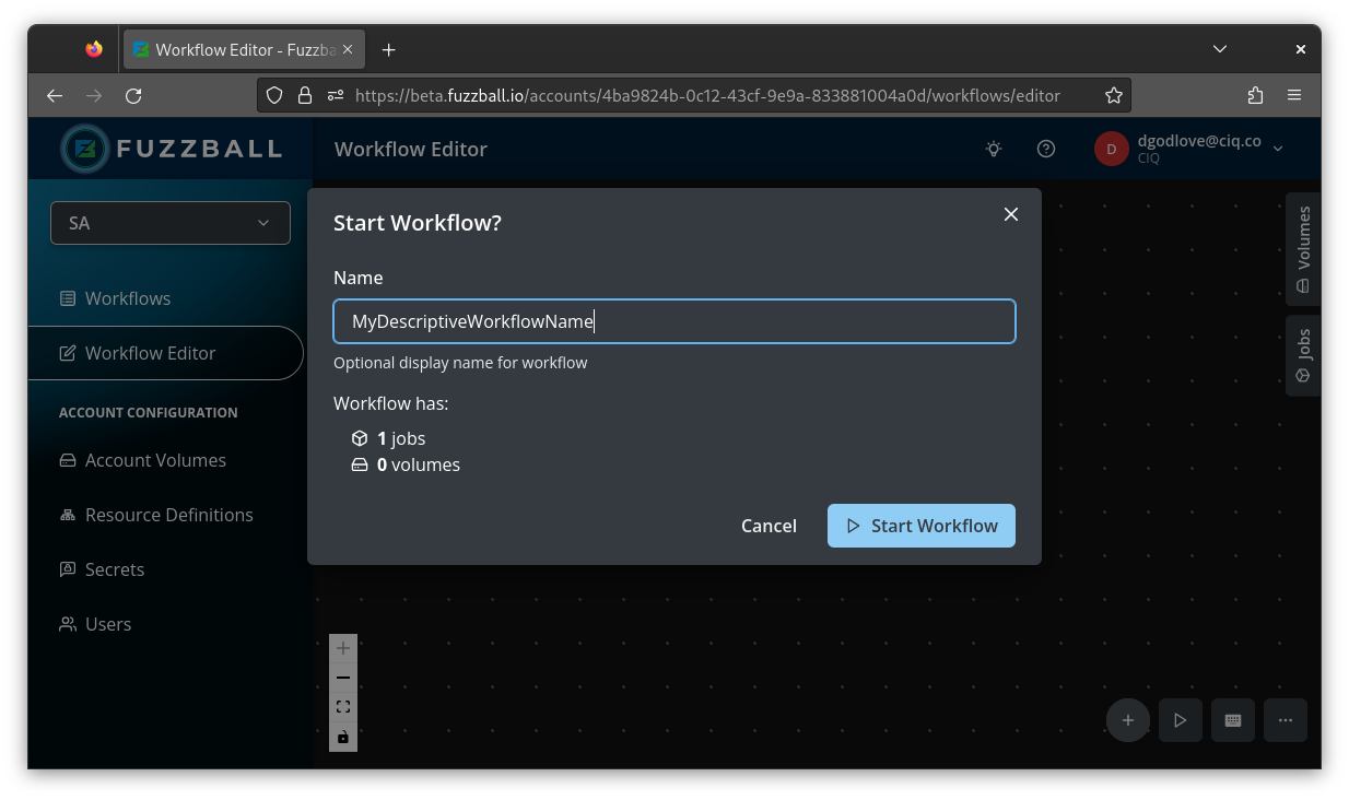 Fuzzball name workflow and submit screen