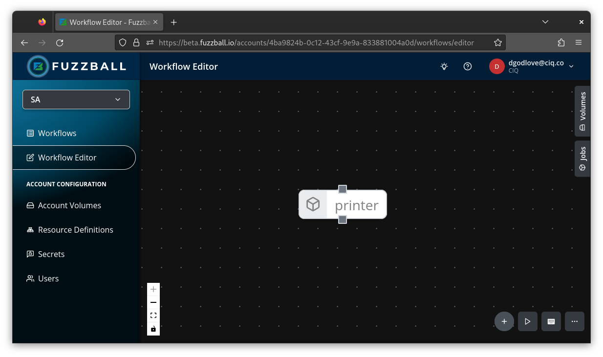 Fuzzball workflow editor with printer