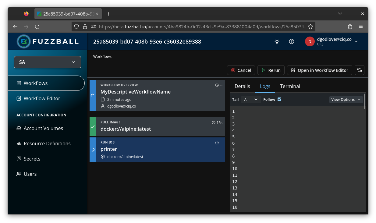 Fuzzball workflow dashboard showing logs from the printer job