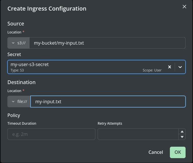 File ingress configuration