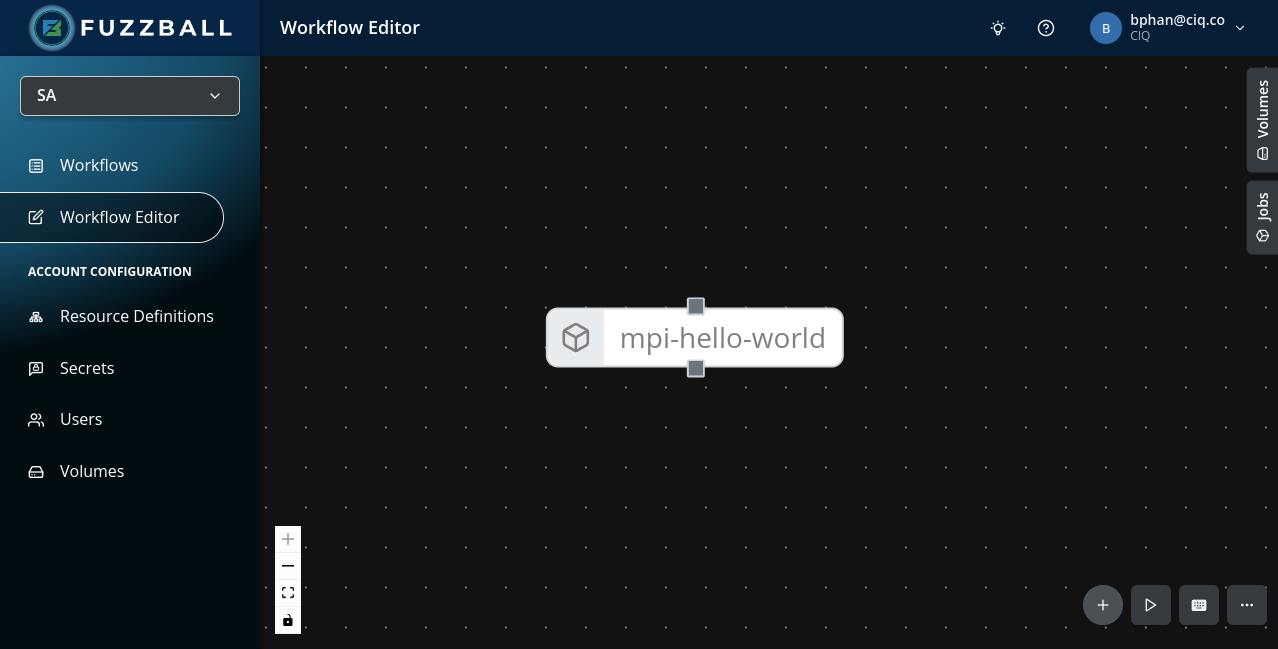 Fuzzball workflow editor with MPI hello world