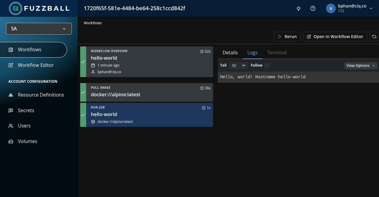 Fuzzball workflow dashboard showing logs from the hello world job