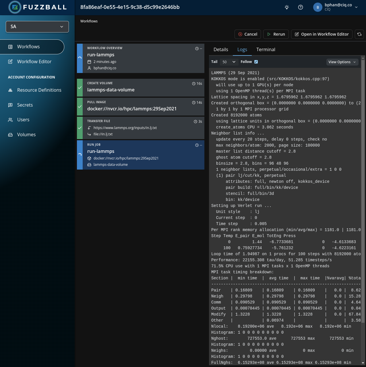 Fuzzball workflow dashboard showing logs from the run-lammps job