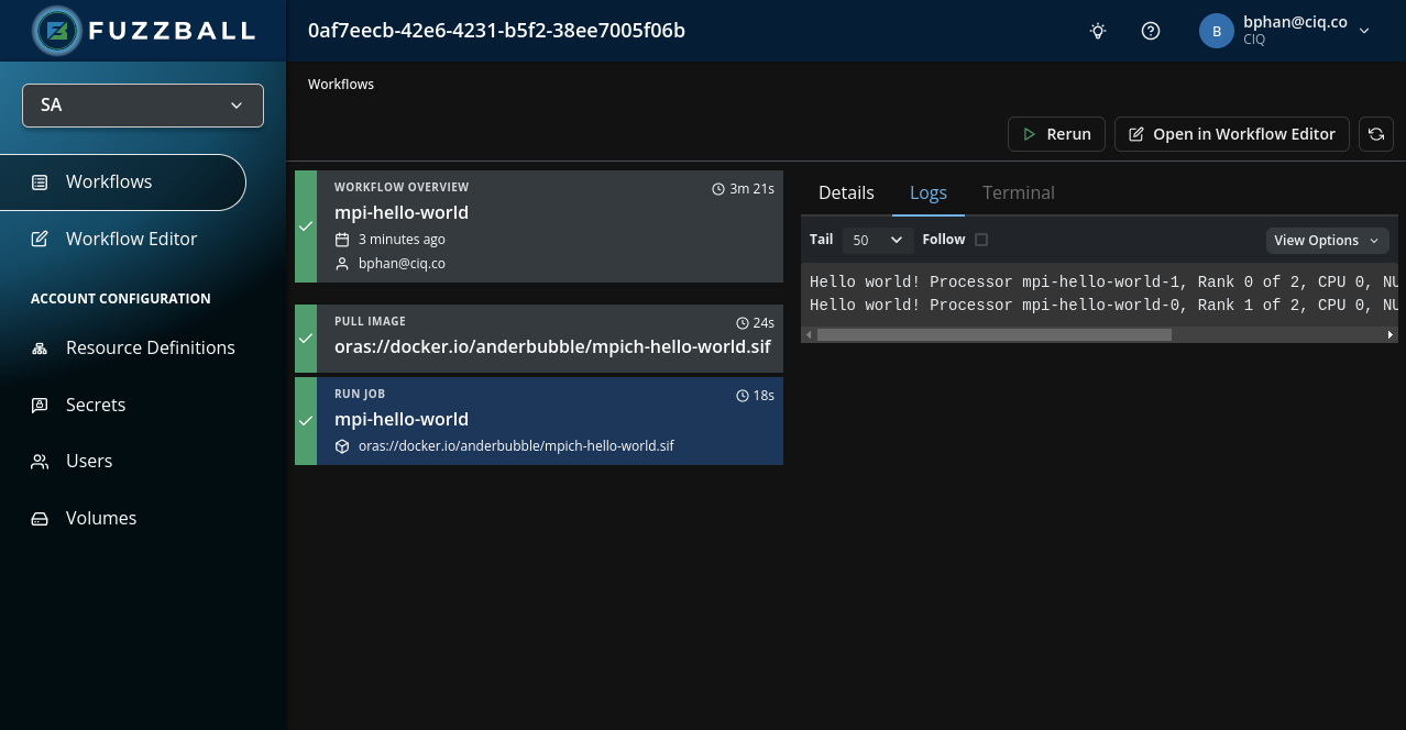 Fuzzball workflow dashboard showing logs from the hello world job