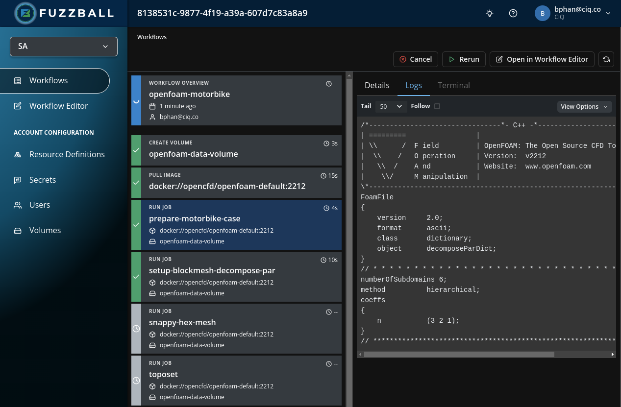 Fuzzball workflow dashboard showing logs from the prepare-motorbike-case